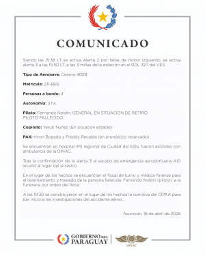 Comunicado: Accidente a&eacute;reo 18/4/2026