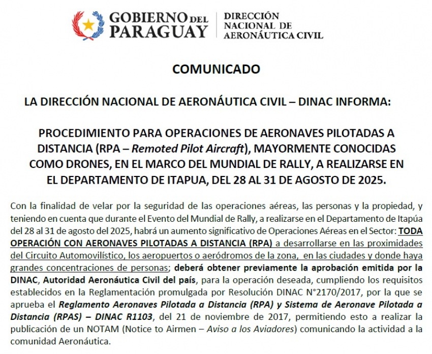 COMUNICADO: "PROCEDIMIENTO PARA OPERACIONES DE AERONAVES PILOTADAS A DISTANCIA (DRONES), EN EL MARCO DEL MUNDIAL DE RALLY, A REALIZARSE EN EL DEPARTAMENTO DE ITAPUA, DEL 28 AL 31 DE AGOSTO DE 2025."