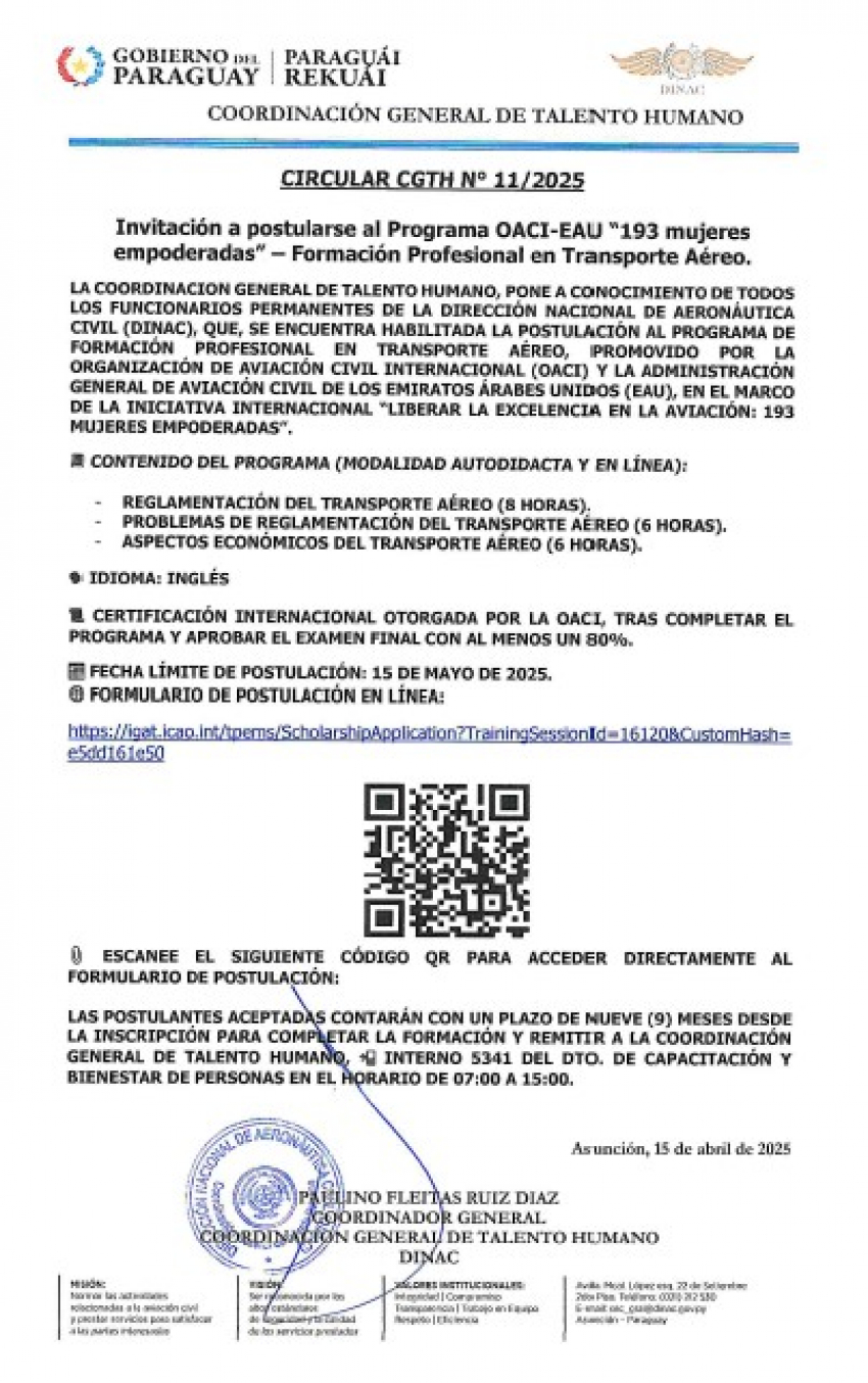 Circular CGTH N° 11/2025 - Invitación a postularse al Programa OACI - EAU "193mujeres empoderadas" - Formación Profesional en Transporte Aéreo"