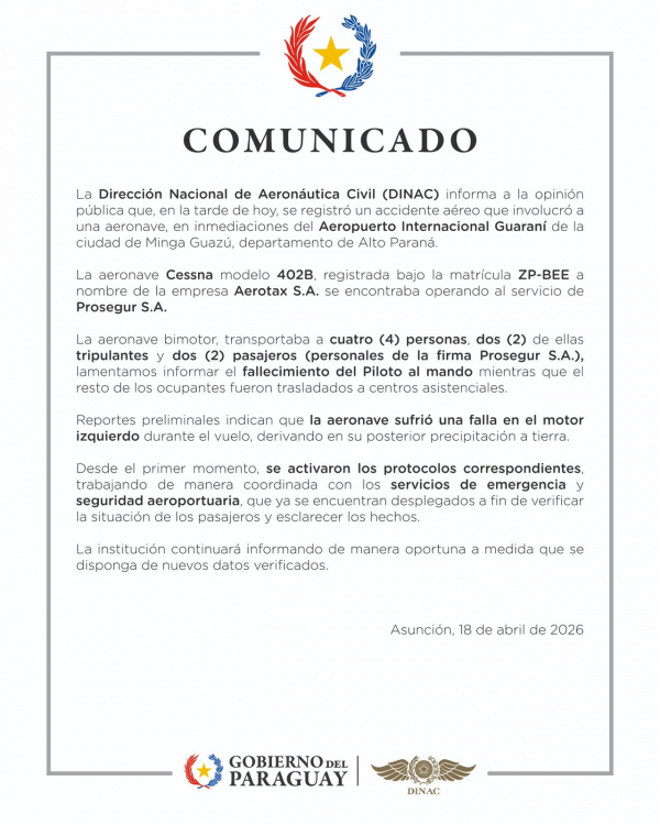 Comunicado: Accidente aéreo 18/4/2026