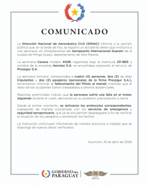 Comunicado: Accidente a&eacute;reo 18/4/2026