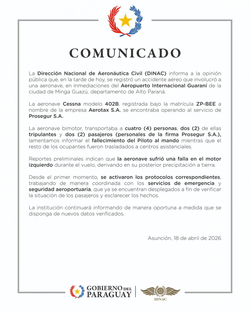Comunicado: Accidente aéreo 18/4/2026