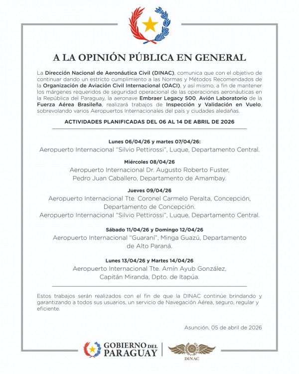 Comunicado: Inspección y Validación en Vuelo en distintos aeropuertos del país y ciudades aledañas.