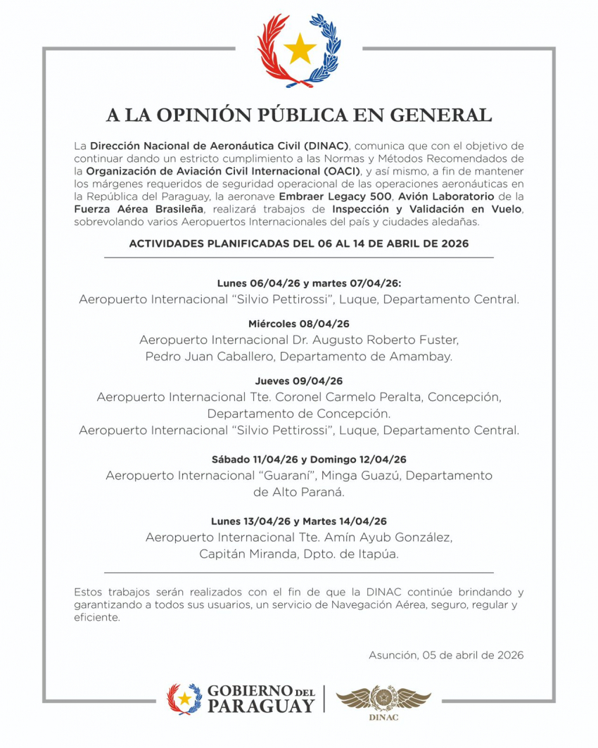 Comunicado: Inspección y Validación en Vuelo en distintos aeropuertos del país y ciudades aledañas.