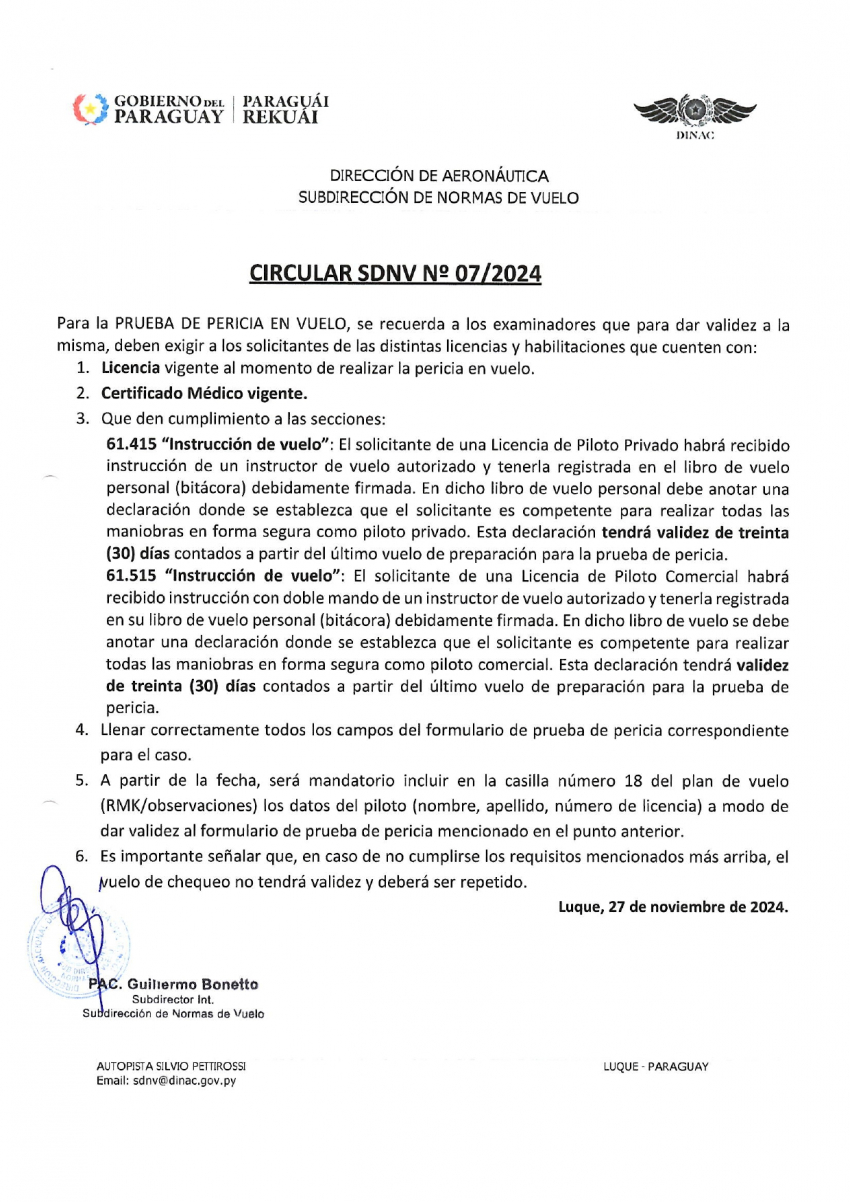 Circular SDNV N° 07/2024 - Prueba de Pericia en Vuelo