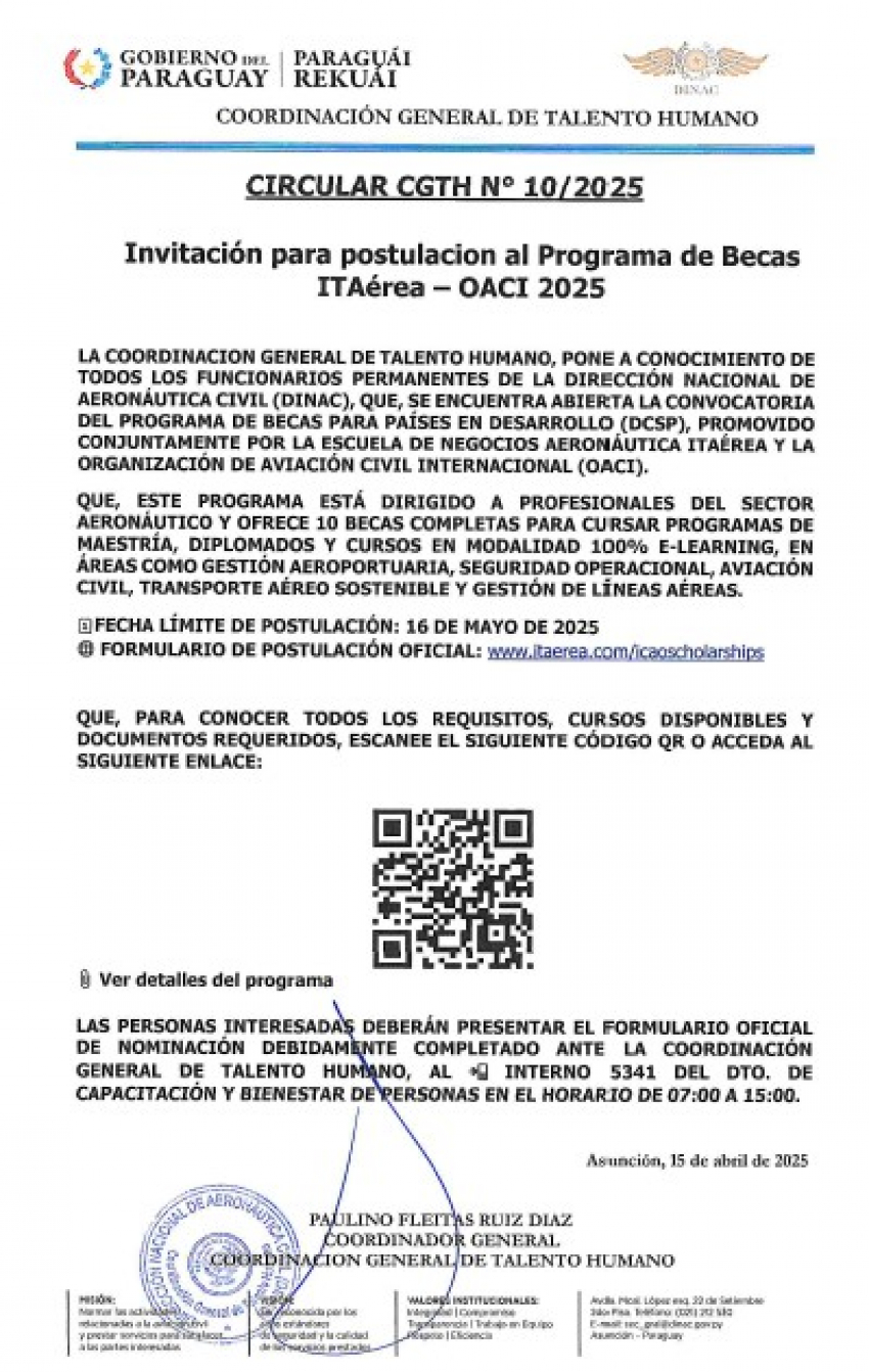 Circular CGTH N° 10/2025 -  "Invitación para postulación al Programa de Becas ITAéreas - OACI 2025"
