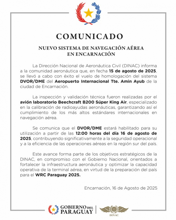 COMUNICADO: NUEVO SISTEMA DE NAVEGACIÓN AÉREA EN ENCARNACIÓN