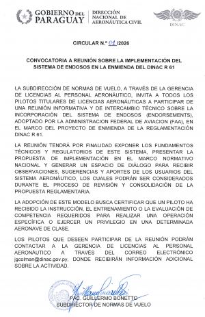 CIRCULAR N&deg; 01 DE LA SUBDIRECCION DE NORMAS DE VUELO